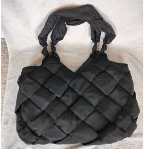Large Woven Puffer Tote Bag Black Padded Satin Shoulder Bag Chinese Laundry